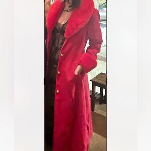 Venus Red Faux Fur Trimmed Wool Winter Trench Coat A-Line Size M.